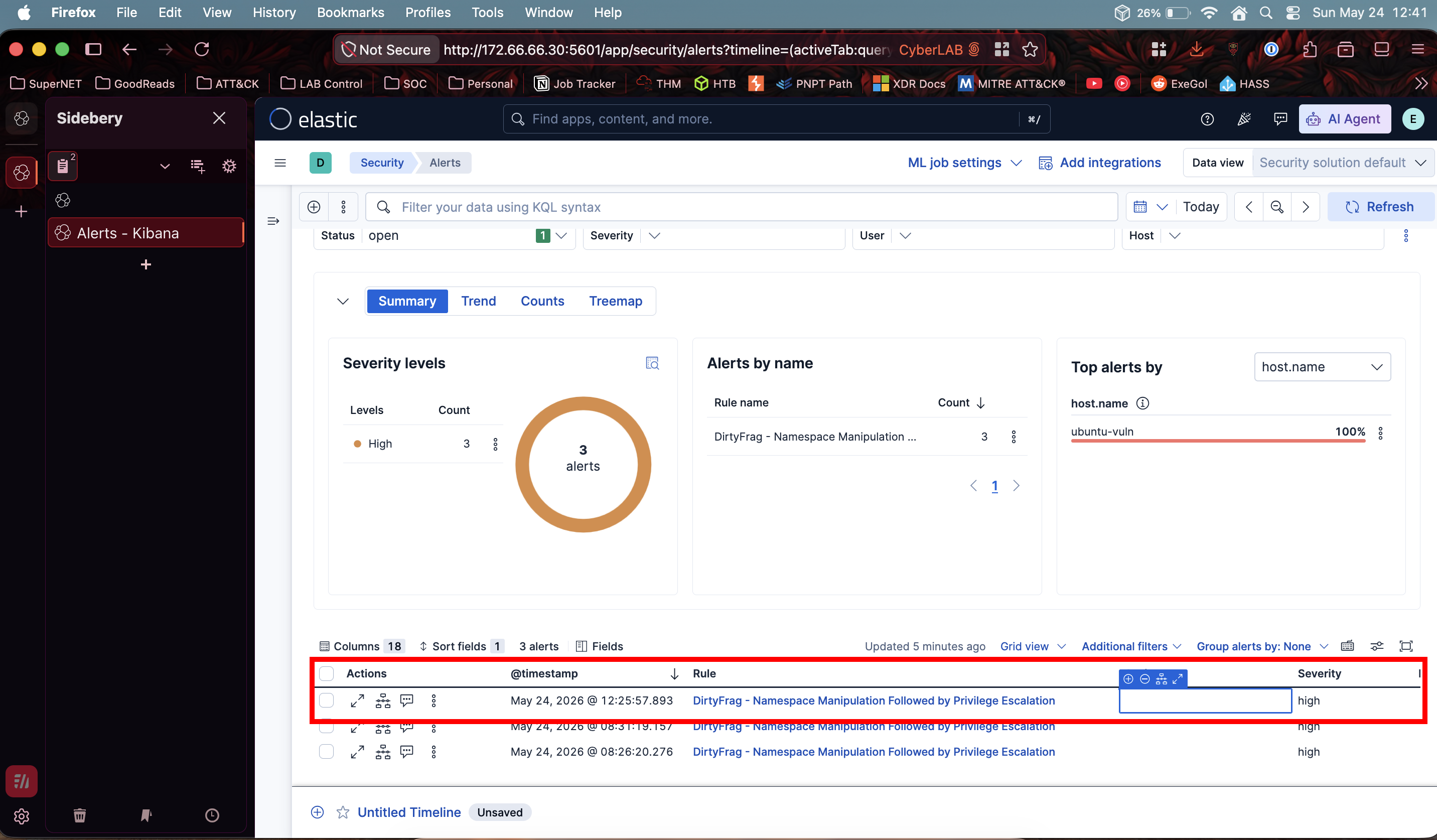 Kibana alert detail - risk score 73, open status
