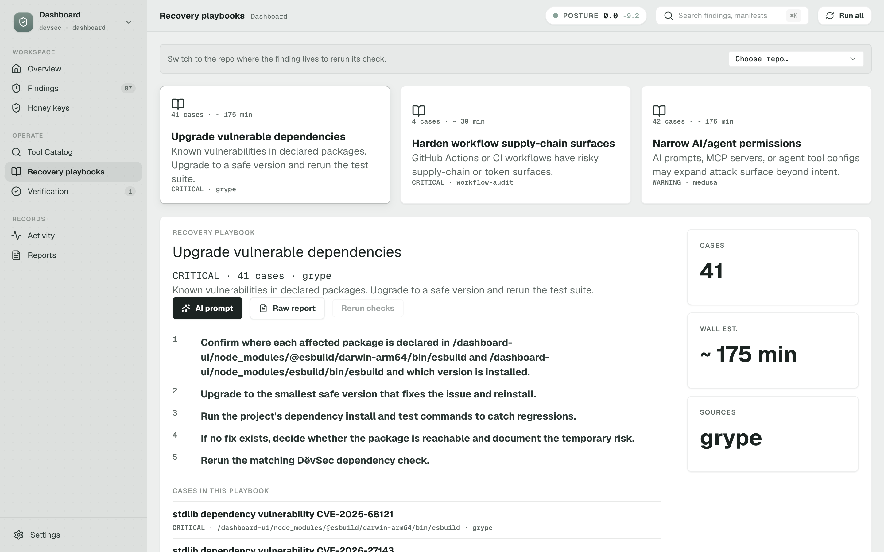 Recovery playbooks page showing three category-level playbooks and a detailed dependency upgrade playbook