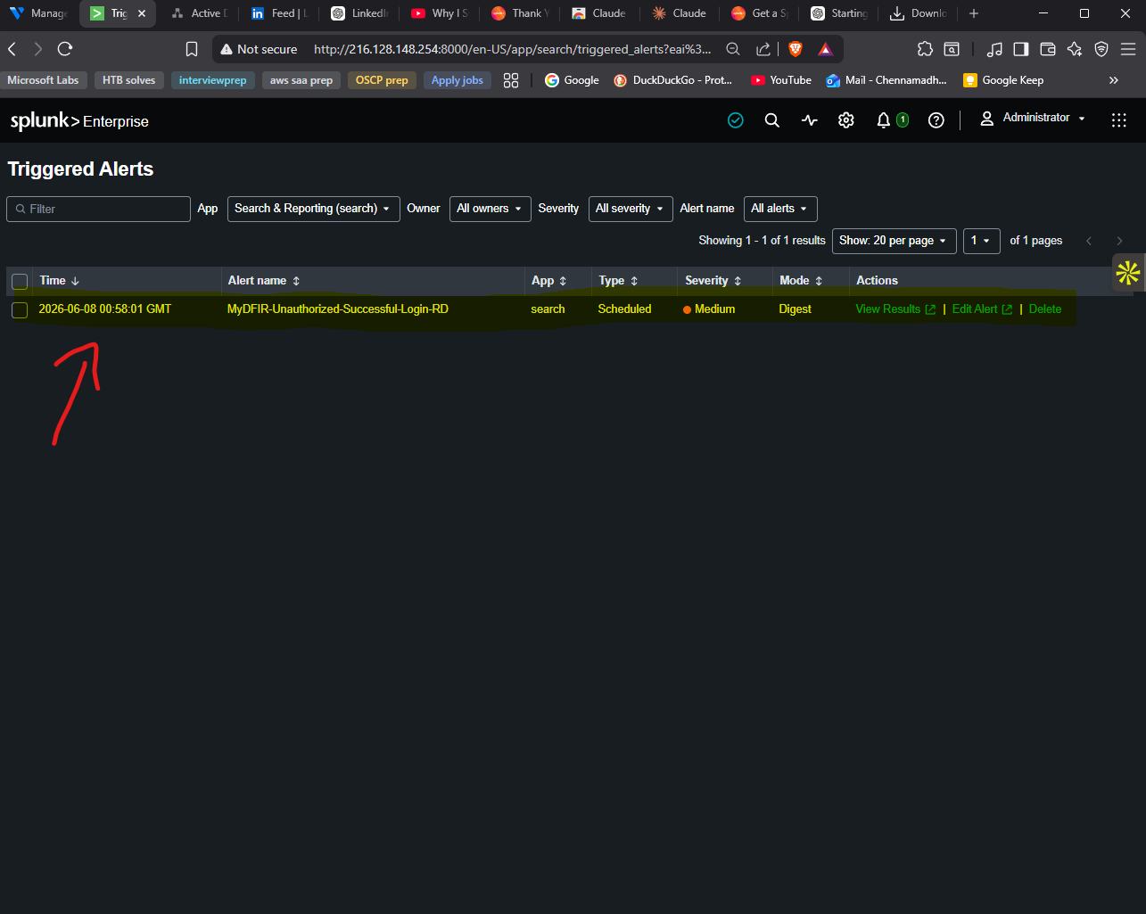 在 Splunk 的 Activity 菜单中可见触发的告警