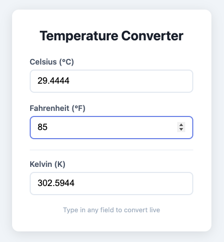 The generated Temperature Converter web app, running live