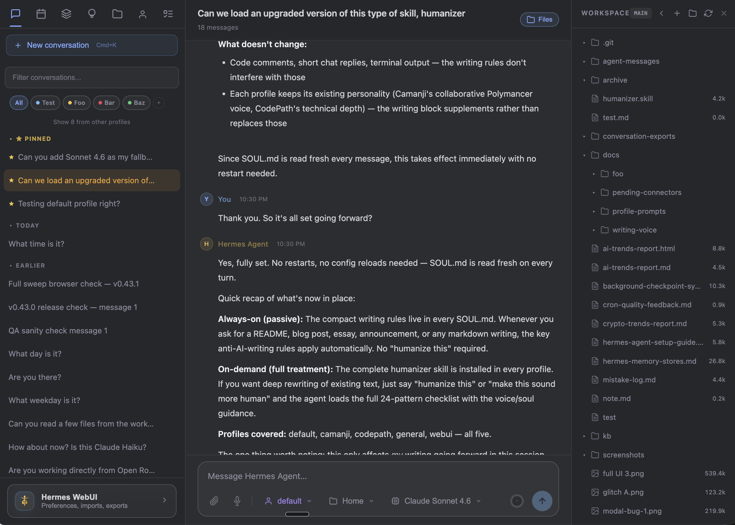 Hermes Web UI — three-panel layout