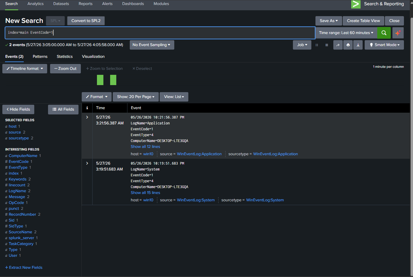 Splunk creation events