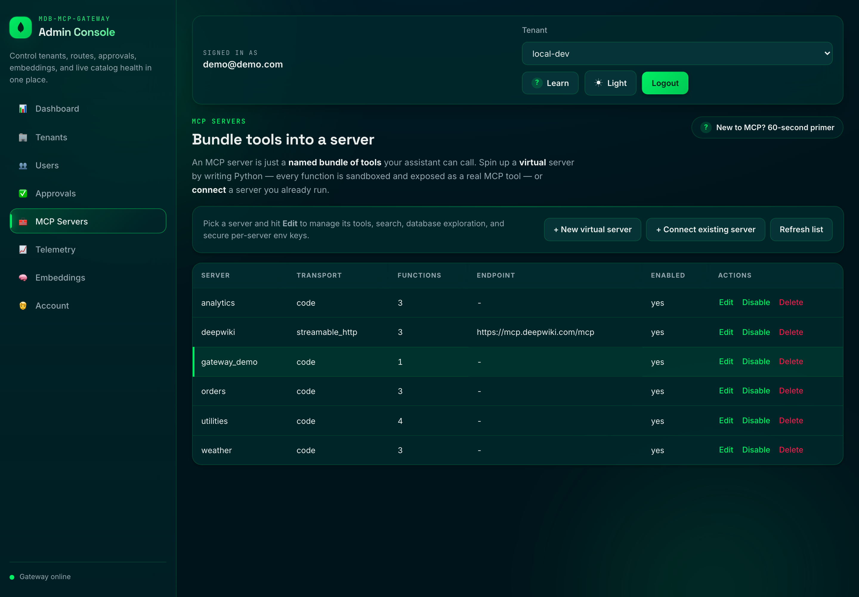 MCP Servers studio listing virtual code servers and connected servers