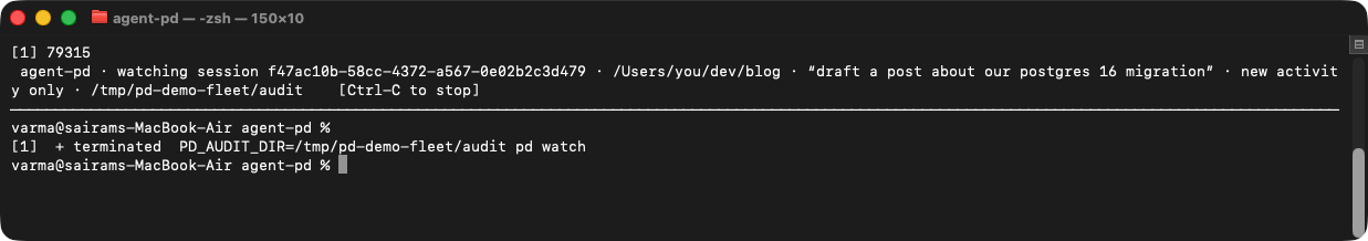 pd watch header naming the watched session: its project directory and first prompt, not just the UUID