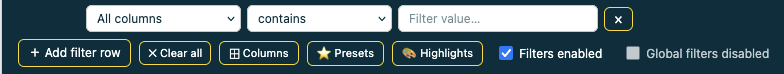 Filter bar — add row, clear all, columns, presets, highlights, filters enabled toggle