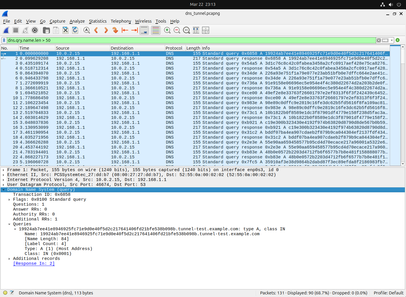 DNS tunneling indicators with long encoded subdomains
