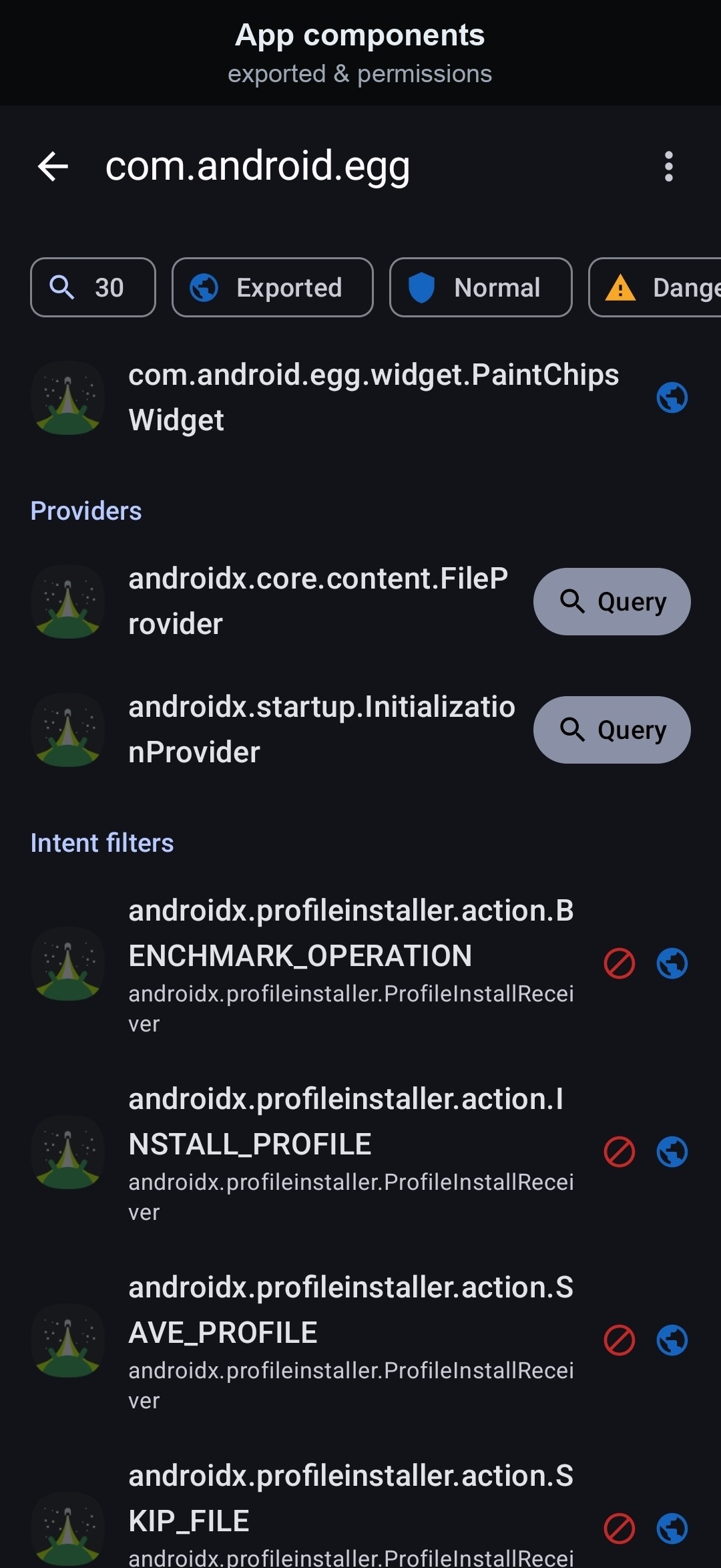 App components — exported and permissions screenshot