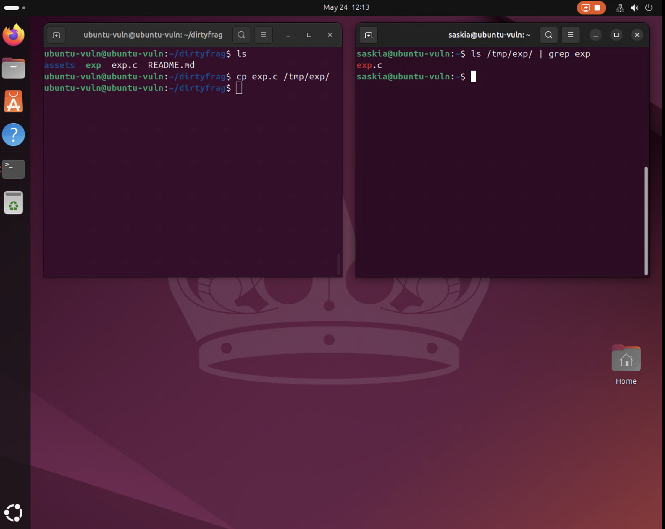 Exploit source staged in /tmp/exp/