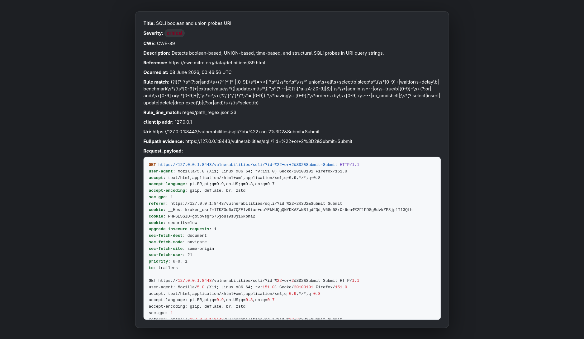 Kraken UI 单次攻击的请求和响应详情