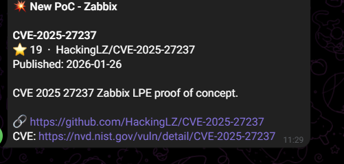 CVEAlertor Telegram alert for a new public PoC on a tracked CVE