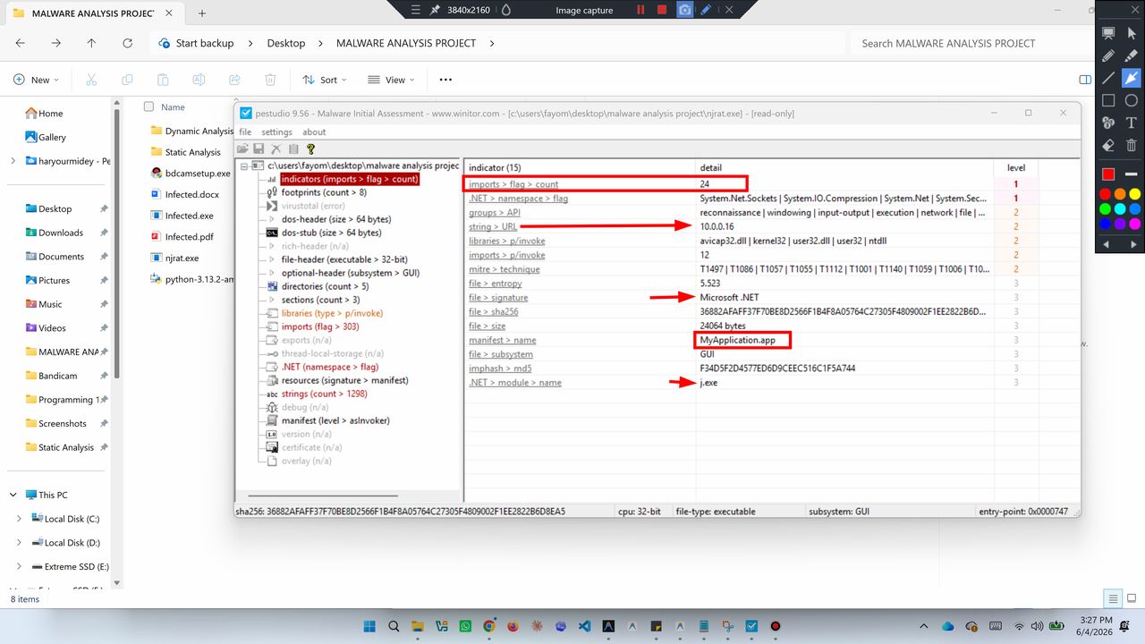 PEStudio indicators for njrat.exe