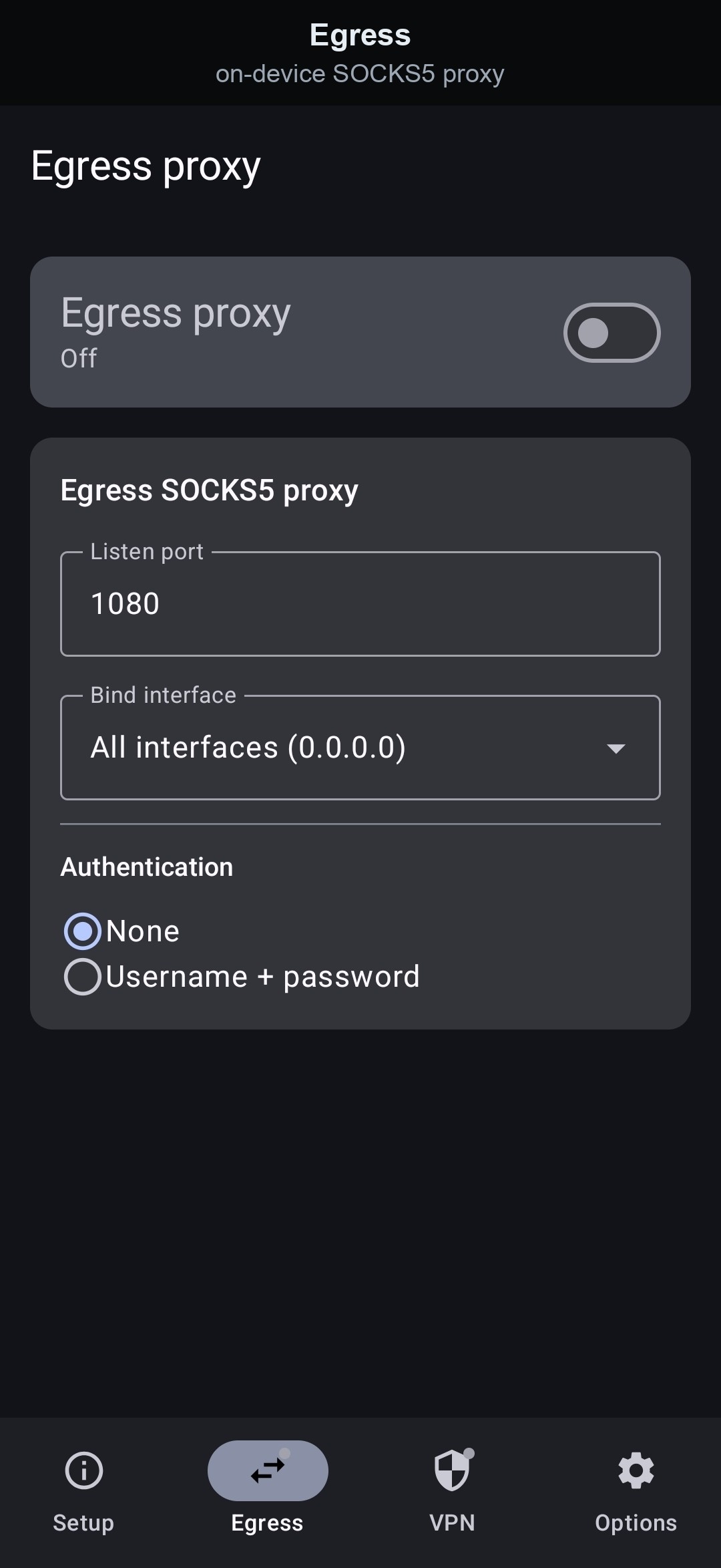 Egress tab — on-device SOCKS5 proxy screenshot