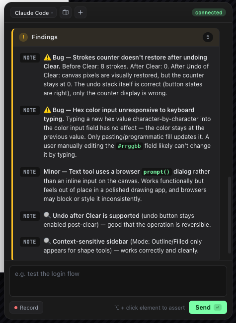 Findings card — severity-coded bugs the agent flagged