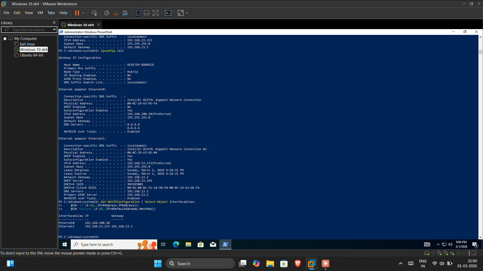 Windows 双 NIC — 192168.100.10