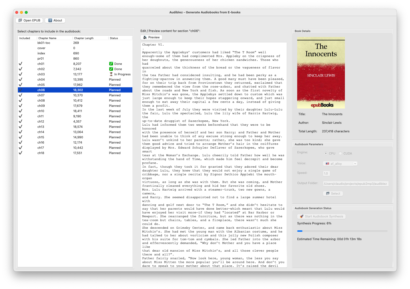 MacOSX 上的 Audiblez GUI