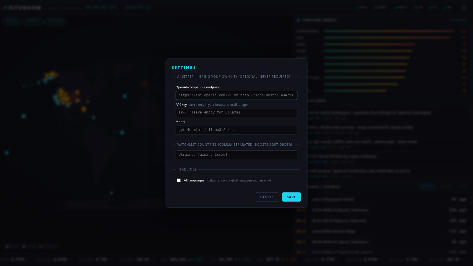 Settings dialog — BYOK endpoint, watchlist, language toggle