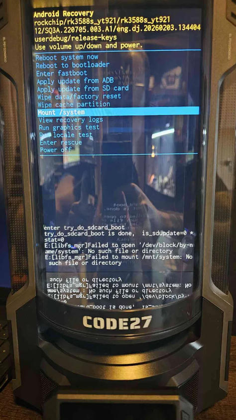 Android recovery menu with Mount /system highlighted