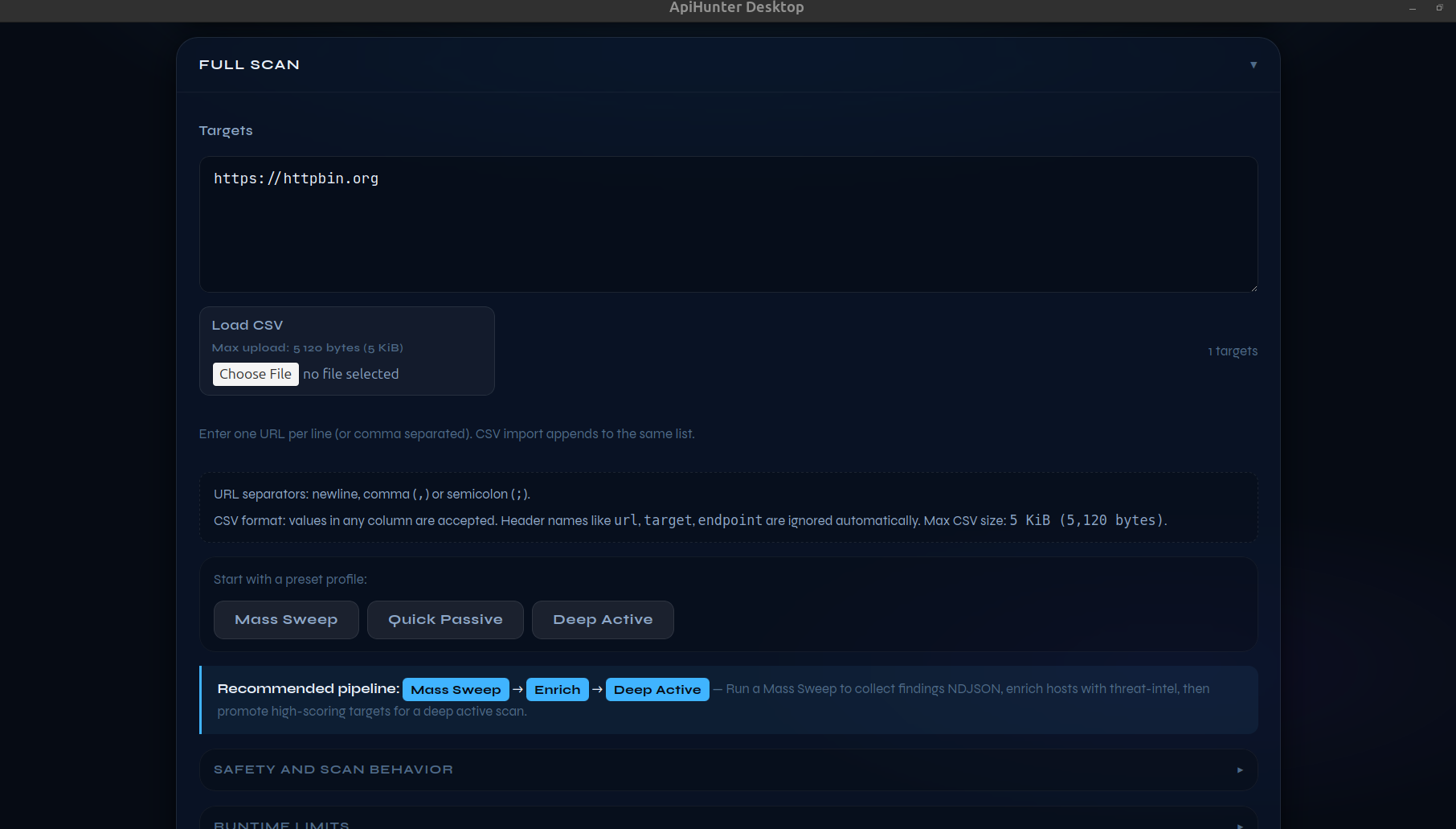 ApiHunter Desktop — Full Scan controls: Mass Sweep / Quick Passive / Deep Active presets, collapsible Safety, Runtime Limits, and Scanner Toggles sections