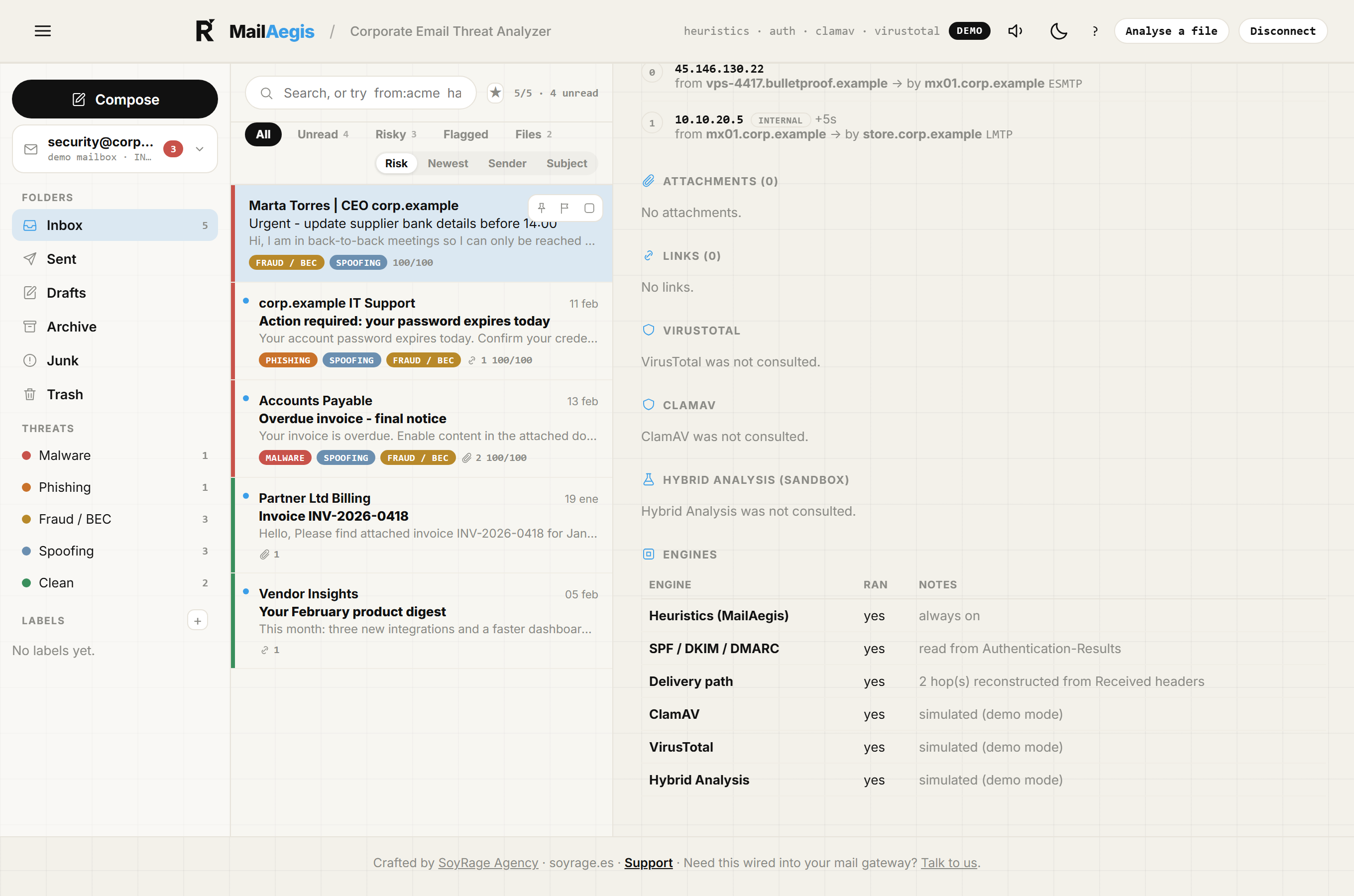 MailAegis showing the Received header chain, originating IP reputation, VirusTotal detections, ClamAV signatures and Hybrid Analysis sandbox results