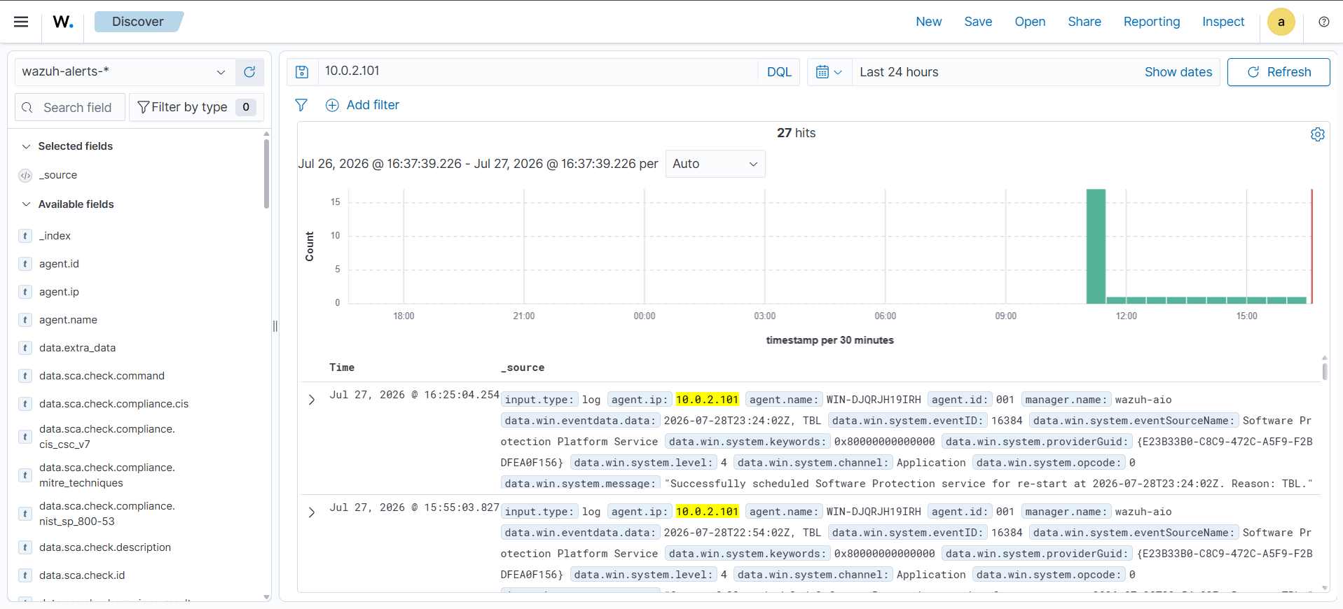 Wazuh Discover Filtered by 10.0.2.101