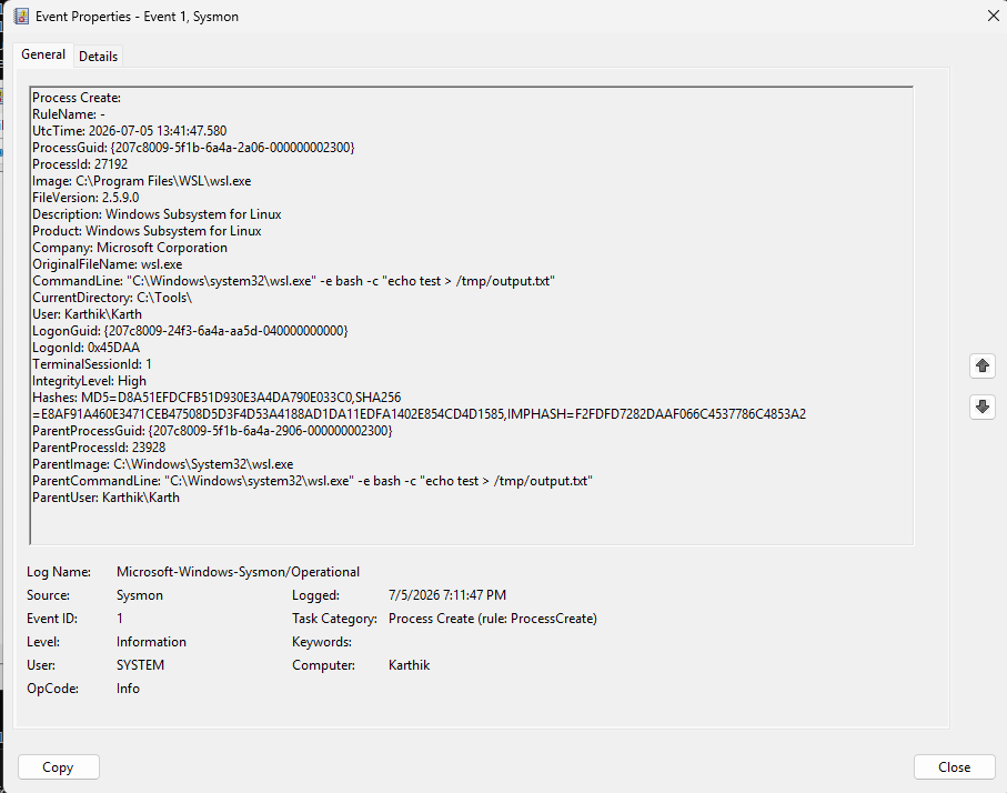 Sysmon Event ID 1 - WSL Detection Trigger