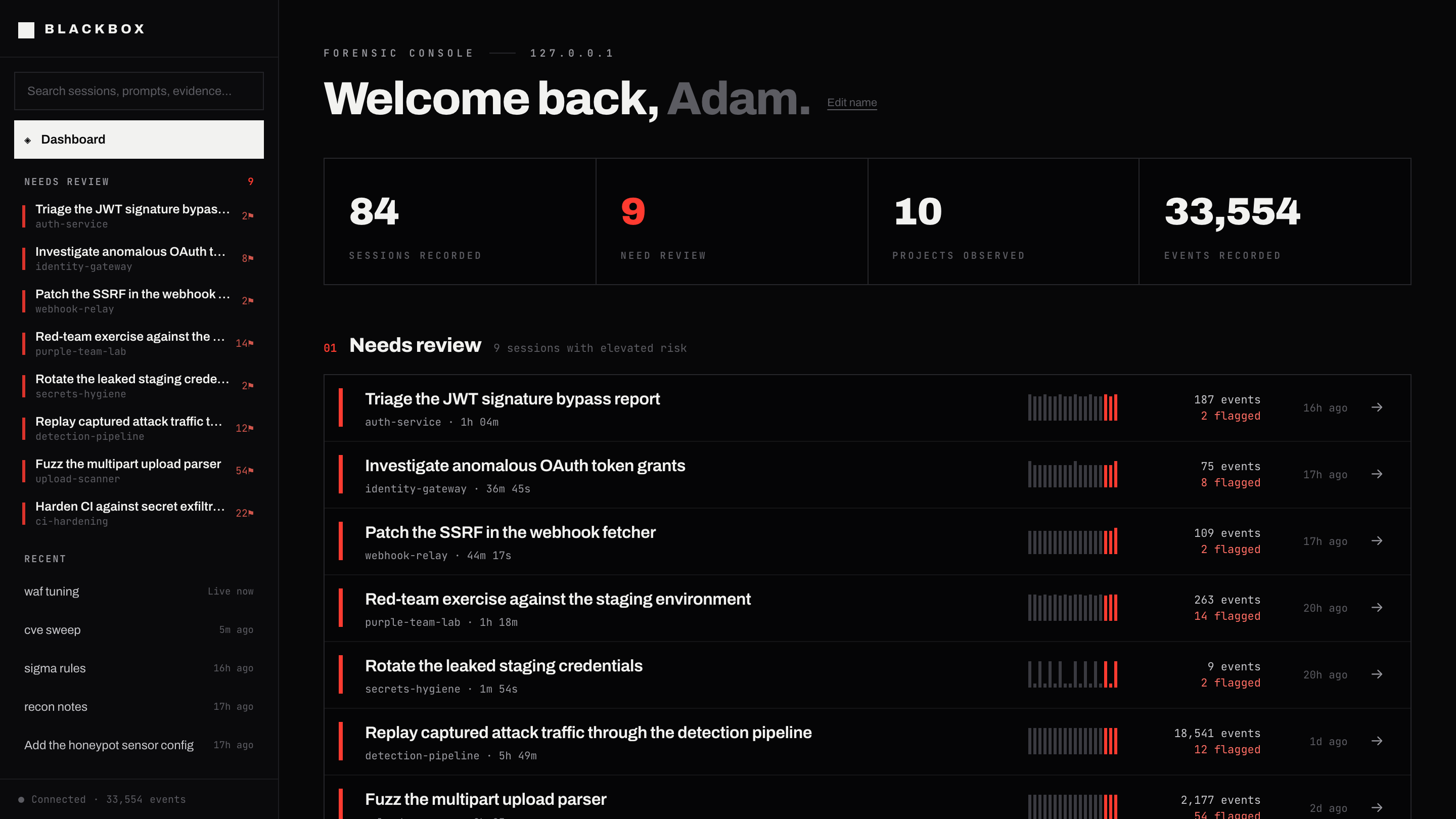 Blackbox console dashboard with synthetic sessions: nine flagged for review, sparkline event density per session, and recorder totals