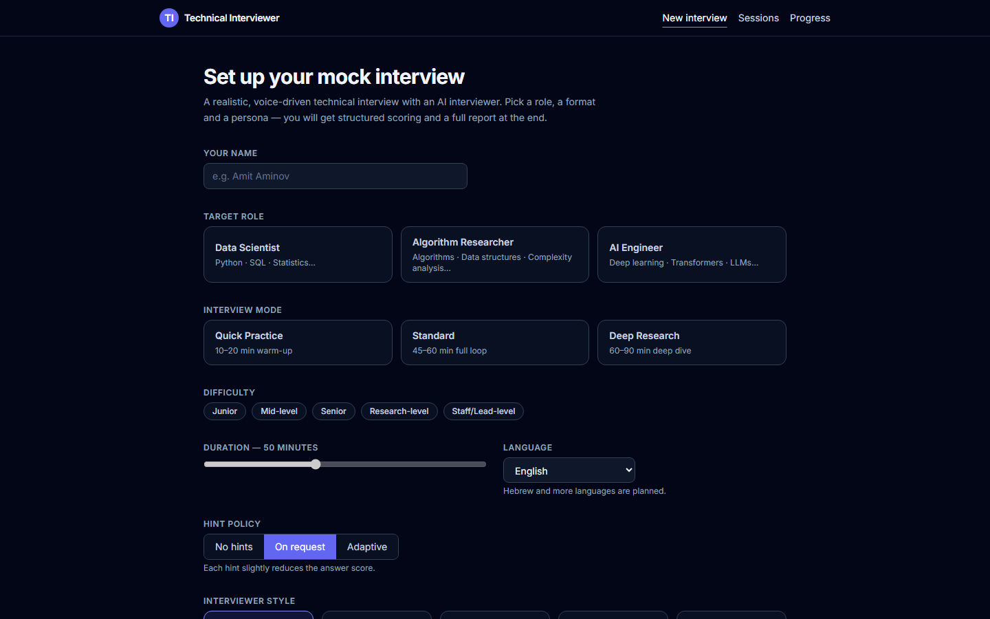 Interview setup — role, mode, difficulty, duration, hint policy, interviewer style