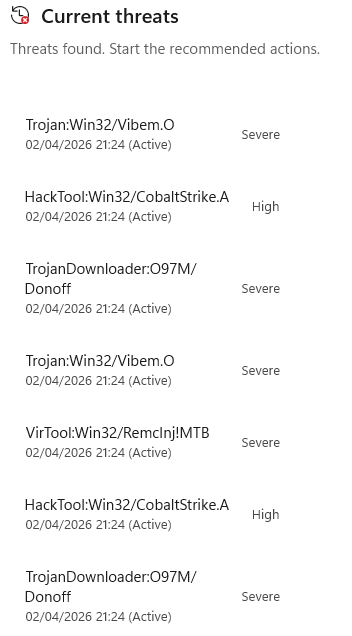 Windows Defender 对包含多个威胁的批量解压做出反应