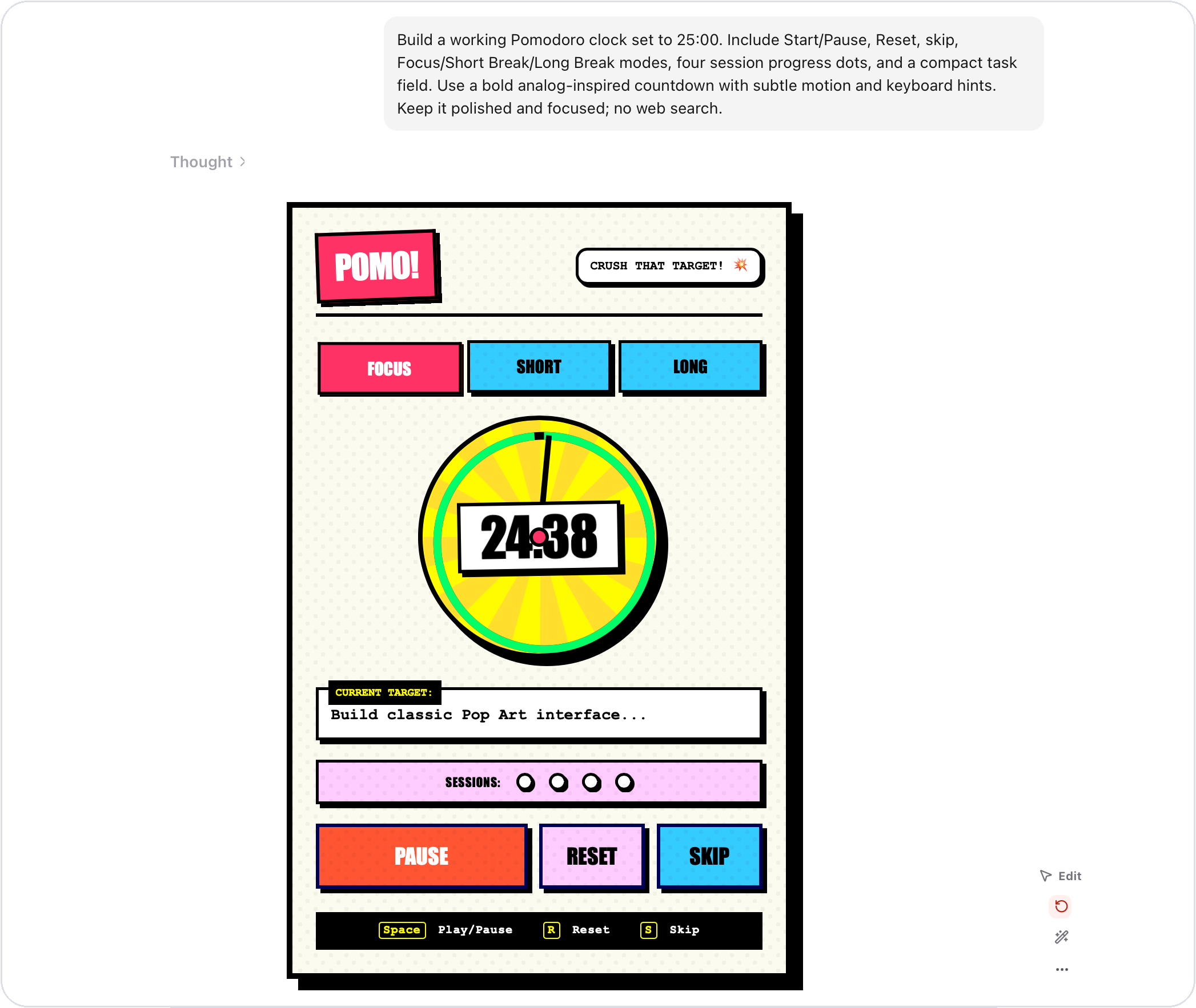 ChatHTML running an interactive Pomodoro timer