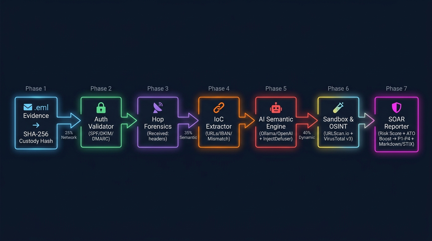 Phishing-EML-Analyzer 7-phase detection pipeline architecture — from .eml ingestion through SHA-256 custody hashing, SPF/DKIM/DMARC validation, hop forensics, IoC extraction, AI semantic analysis, URLScan sandbox detonation, and VirusTotal OSINT to SOAR risk scoring and Markdown/STIX 2.1 report generation