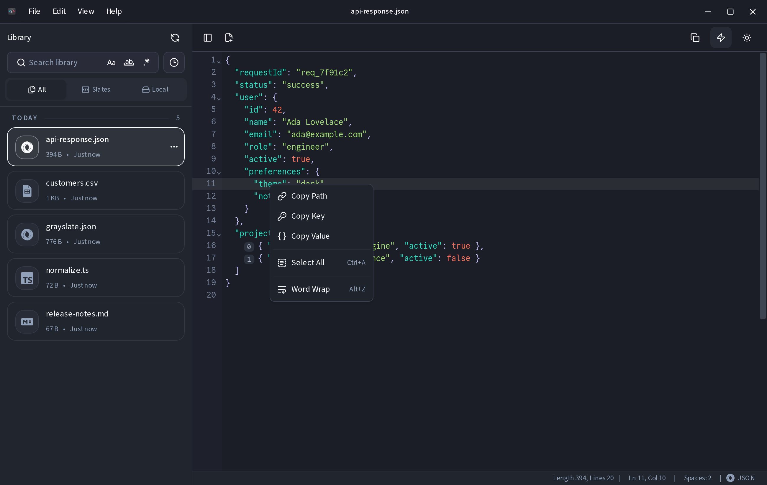 JSON copy path, key, and value actions