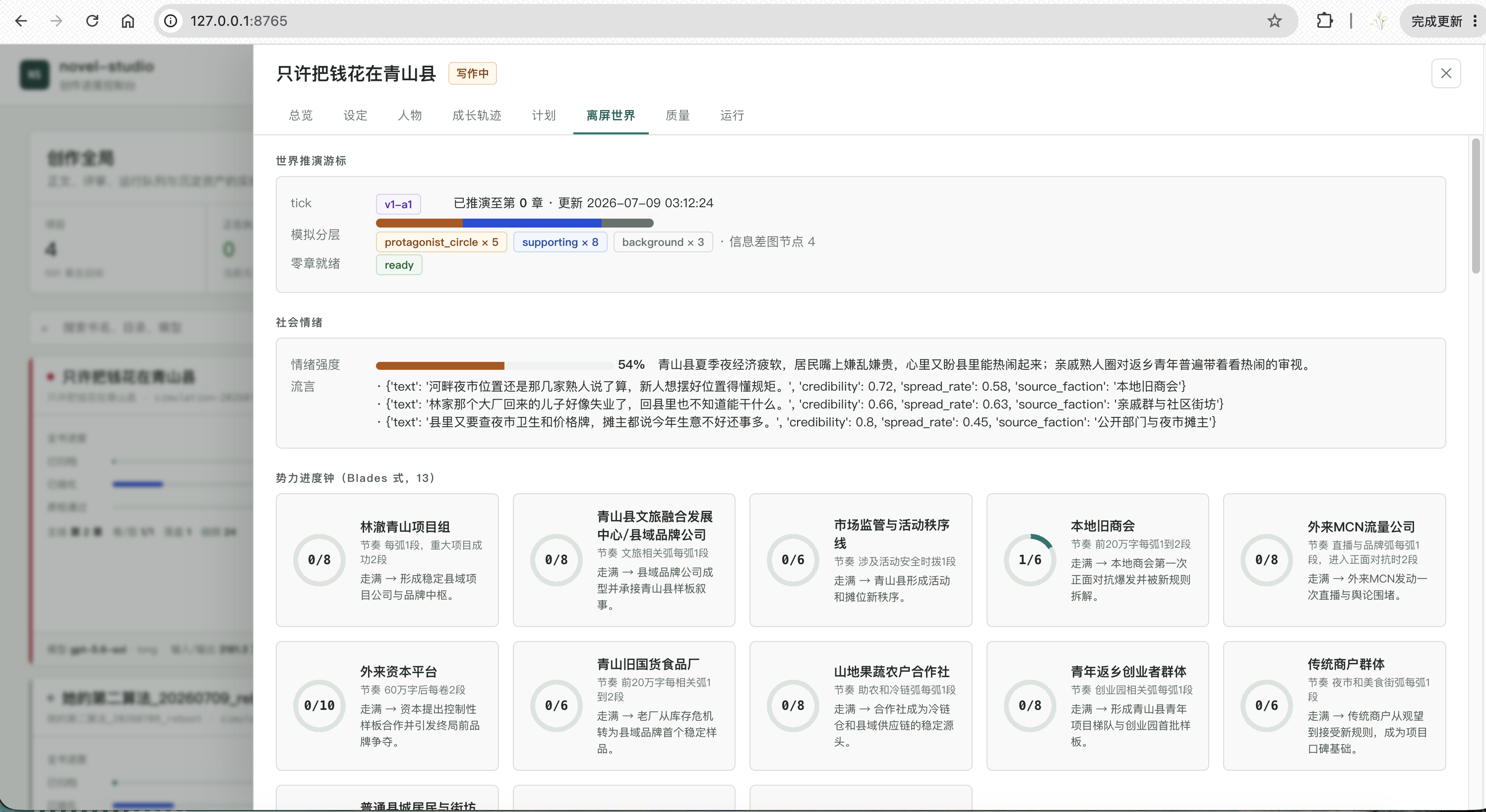 novel-studio 离屏世界模拟:角色独立行动、势力进度钟、社会情绪与信息传播