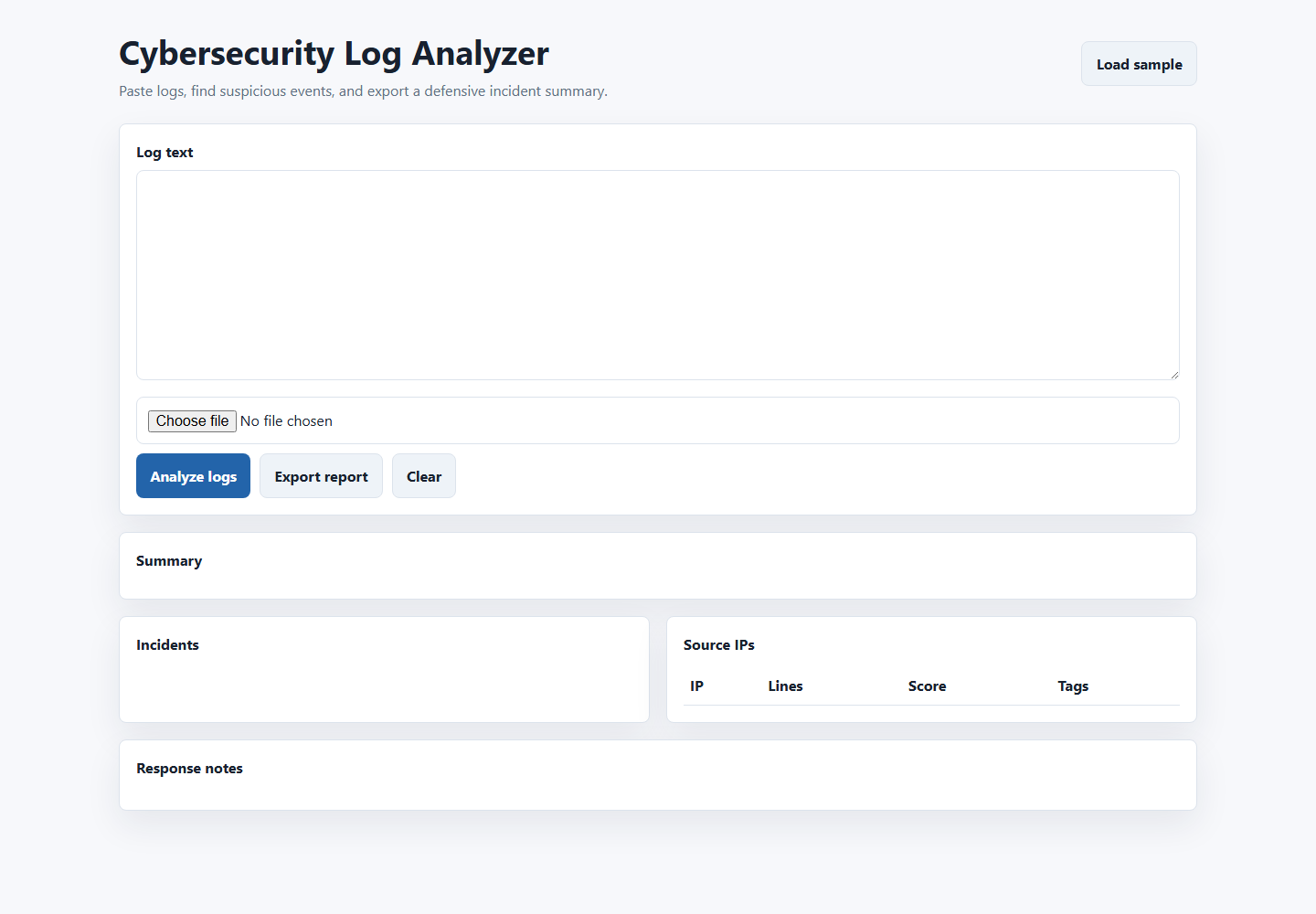Cybersecurity Log Analyzer home screen