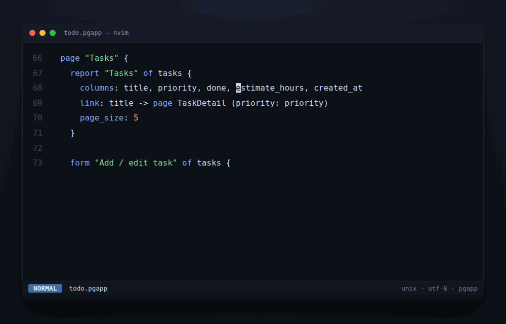 Editing todo.pgapp in nvim to add a column, saving with :wq, running 'pgapp run todo.pgapp --workspace demo', and the live app opening in the browser with the new column