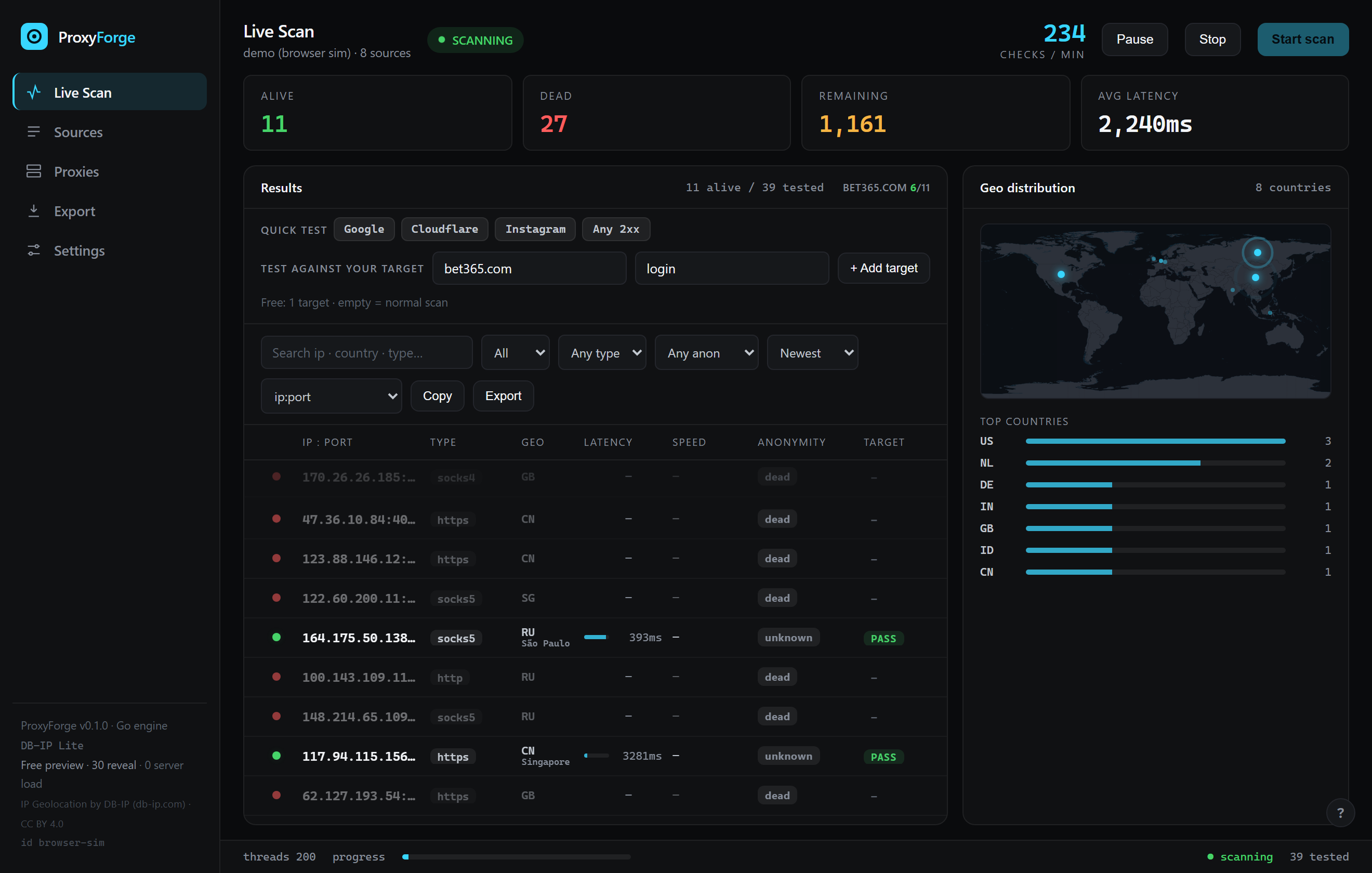 ProxyForge live scan view