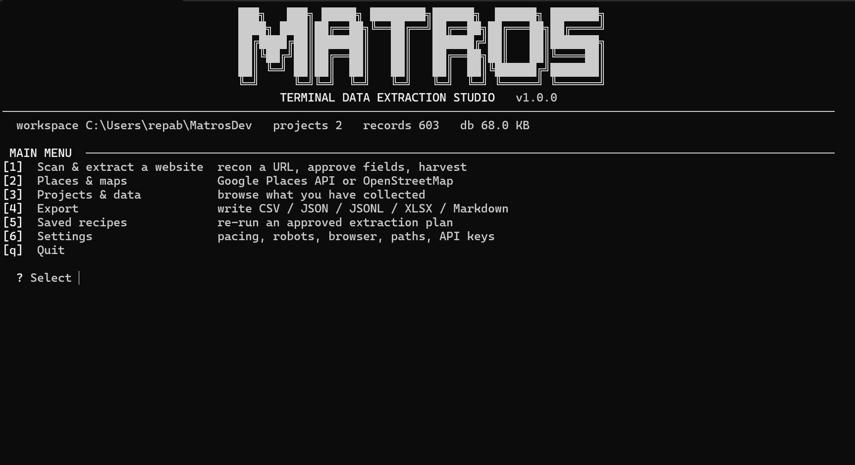 MATROS DEV main menu