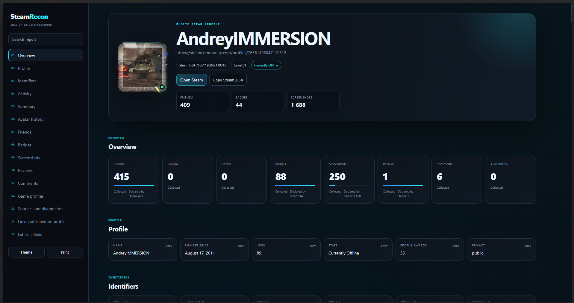 SteamRecon HTML profile overview