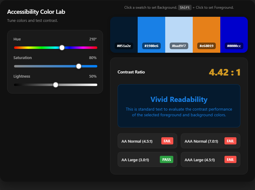 An interactive accessibility color lab rendered by ChatHTML