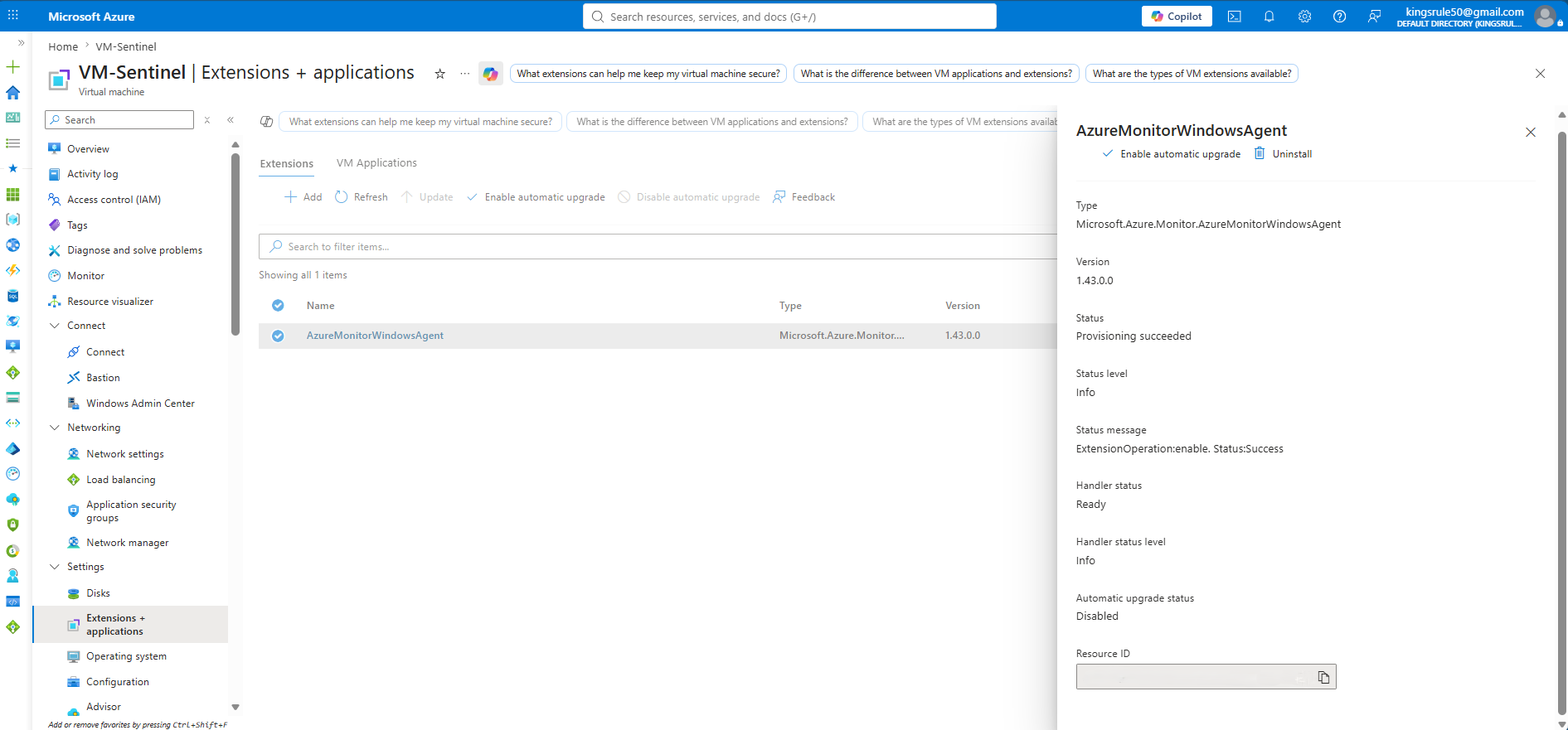 Azure Monitor Agent extension installed on the virtual machine
