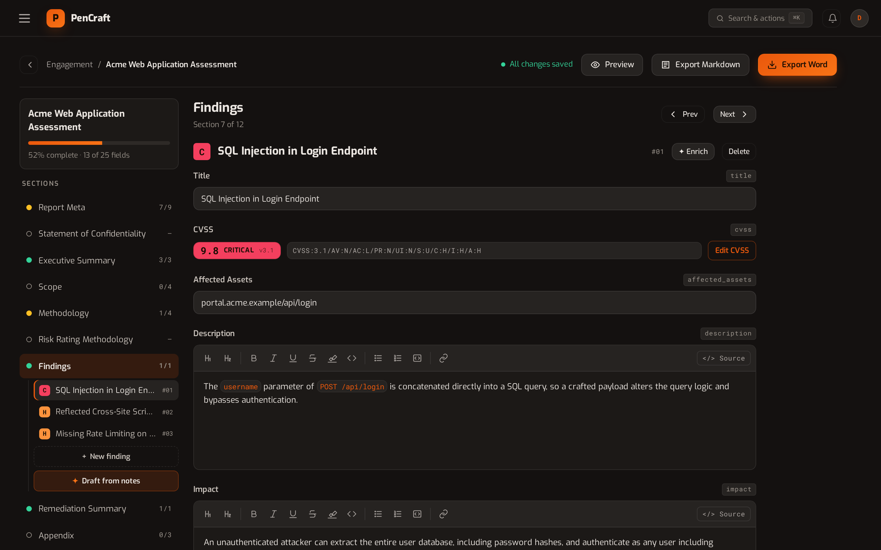 PenCraft finding editor — CVSS calculator, rich Proof-of-Concept editor, and AI enrich
