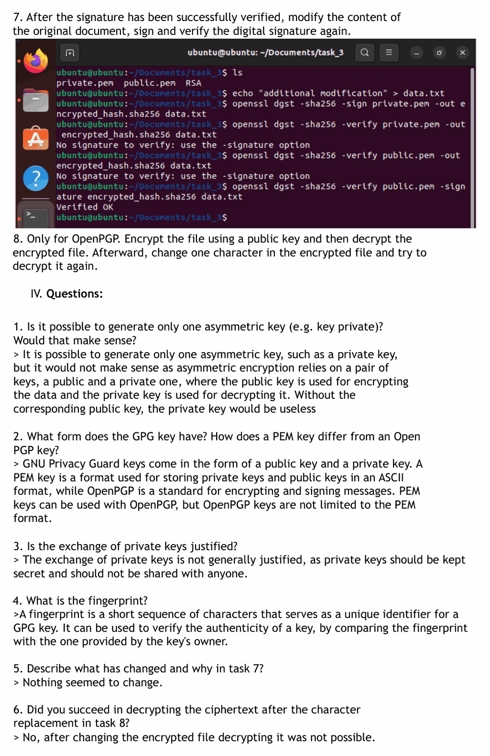 Lab 7: an OpenSSL terminal signing a file, verifying the signature as Verified OK, and the written answers on private key handling below it