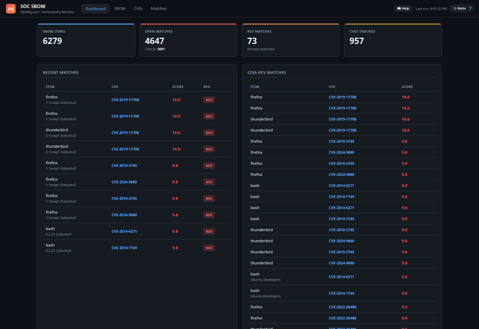 soc-sbom dashboard screenshot