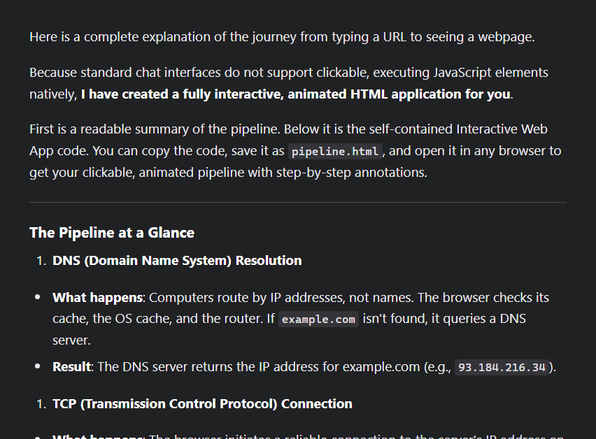 A Markdown-only response containing a complete browser pipeline implementation