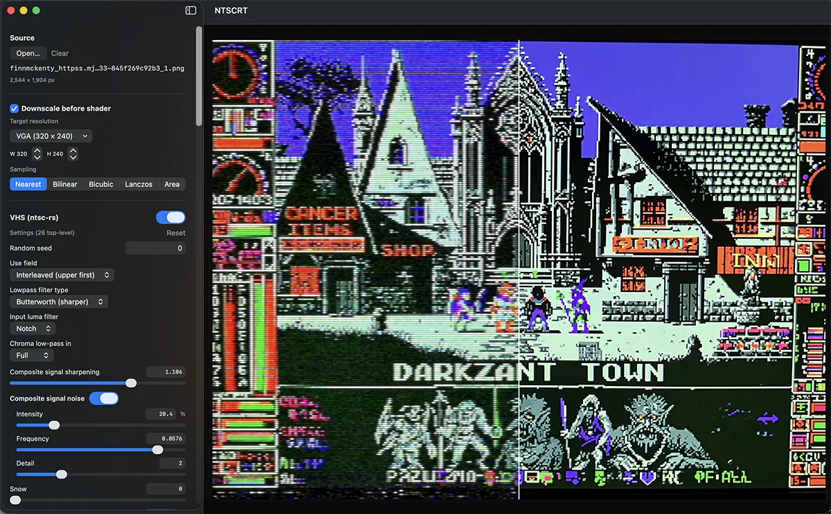 NTSCRT — 左侧为完整的 VHS + CRT pipeline,右侧为原始素材
