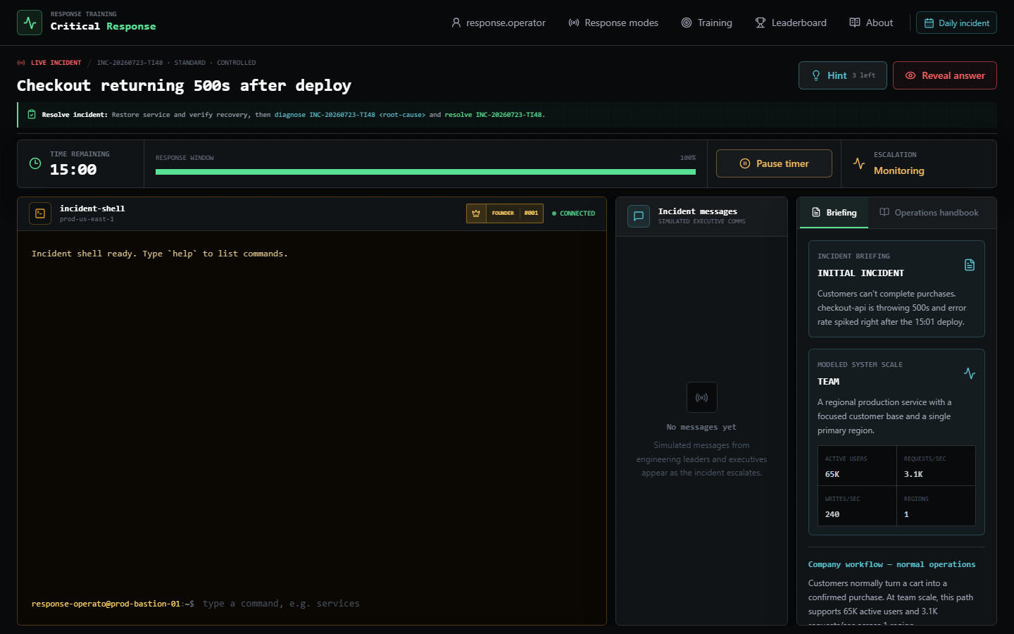 Live Founder Gold incident terminal with messages, briefing, system scale, and response timer