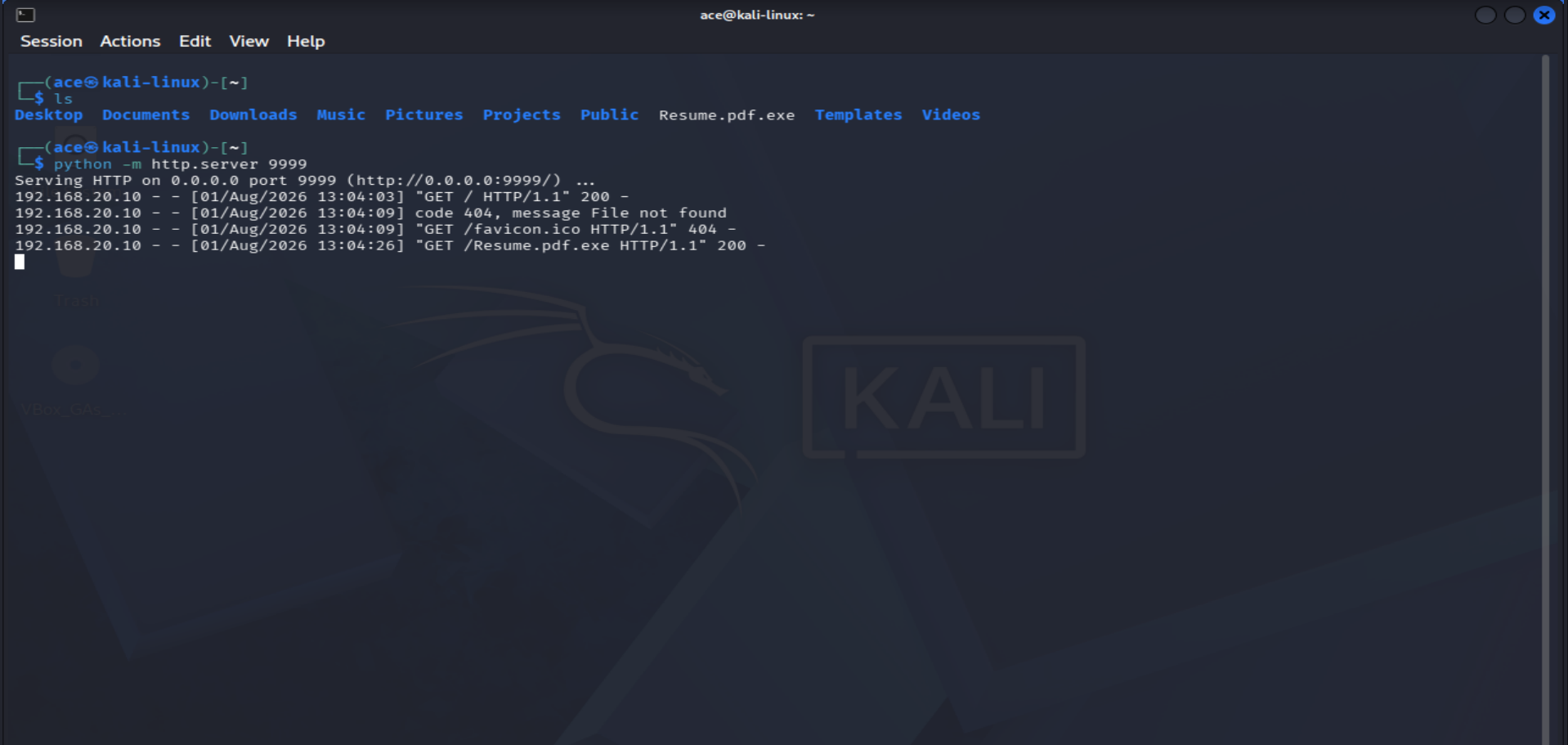 显示 payload 下载的 Python HTTP 服务器日志