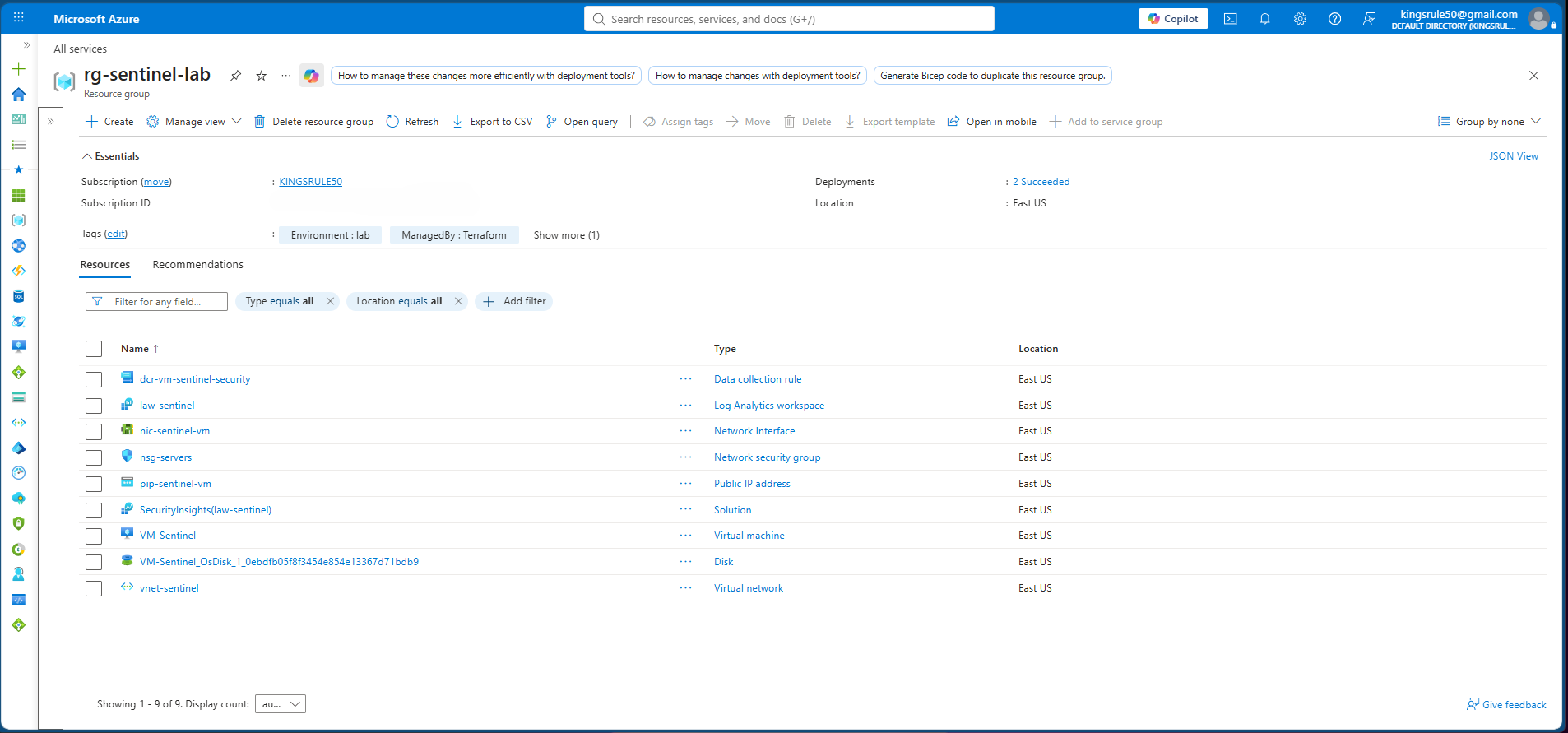Azure Portal view of the resource group containing all deployed resources