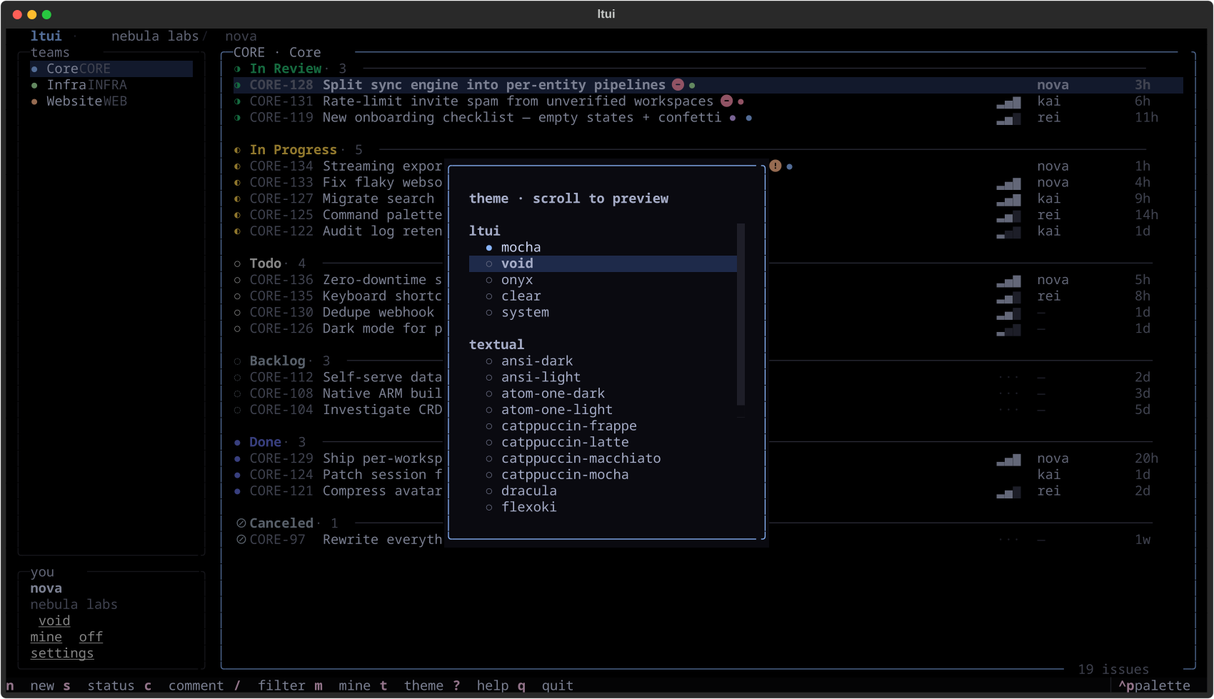 theme picker with live preview