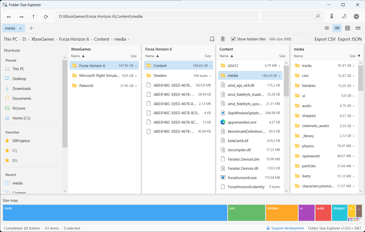 Folder Size Explorer showing column view and the size map